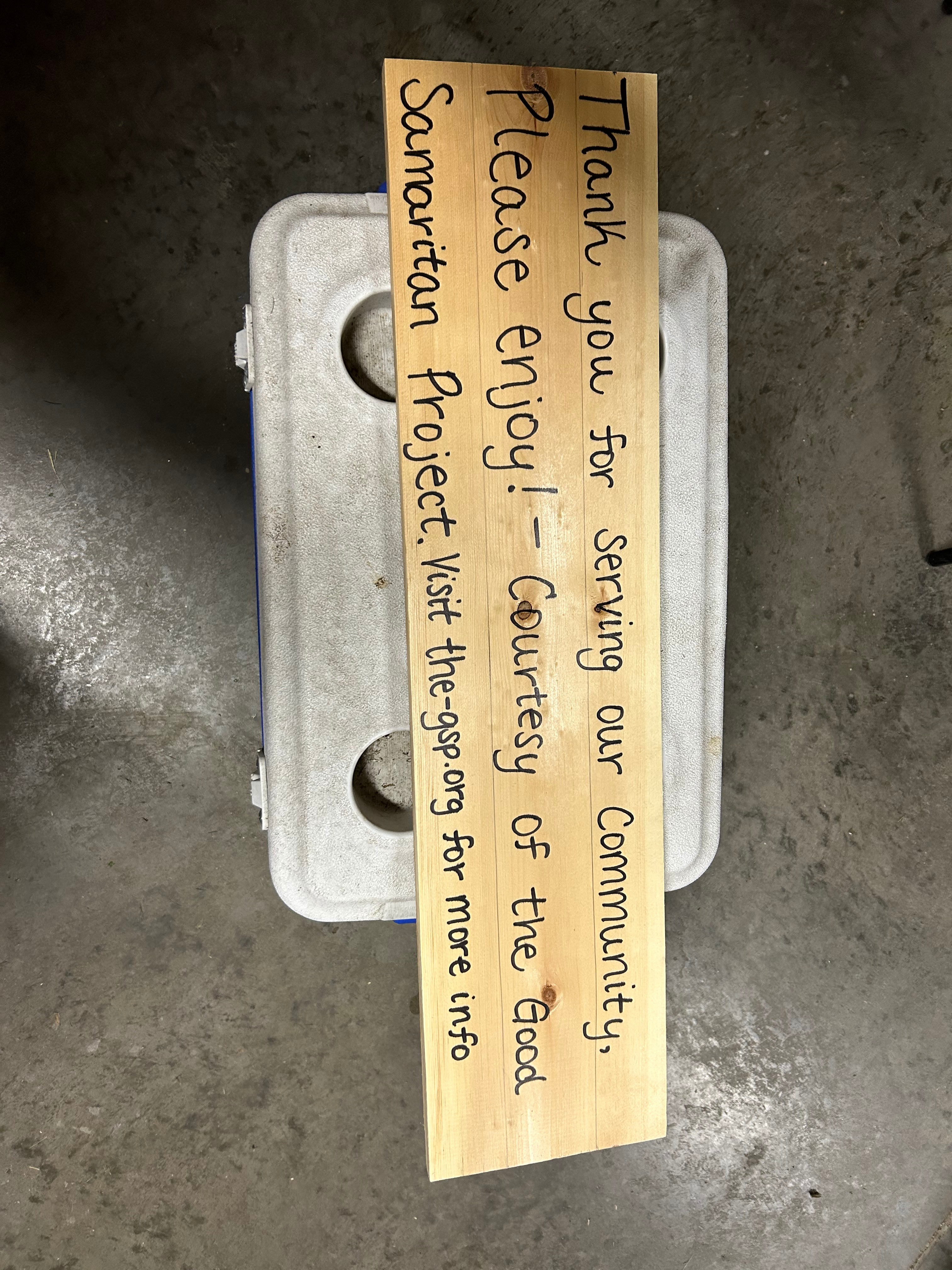 Handmade thank-you sign for the community